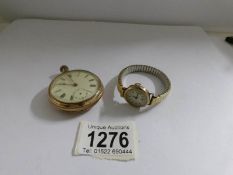 A gold head ladies wrist watch and a gold plated pocket watch, both a/f.