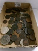 A mixed lot of coins including George III cartwheel pennies, Victorian penny etc.