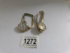 2 ladies wrist watches, one in 9ct gold case, in working order.