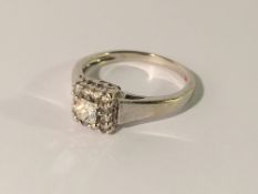 A Princess cut diamond cluster ring in a square setting in 18ct white gold surrounded by 12