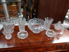 A crystal glass bowl, a pair of vases, a fine glass tankard, scent bottle, salts etc.
