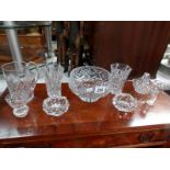 A crystal glass bowl, a pair of vases, a fine glass tankard, scent bottle, salts etc.