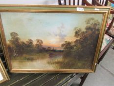 A framed oil on canvas rural scene, signed but indistinct.