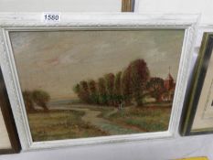 An oil on board pastoral scene featuring church, signed A Doust 1933.