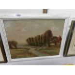 An oil on board pastoral scene featuring church, signed A Doust 1933.