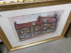 A hand coloured print of The Jew's House, Steep Hill, Lincoln by Lincoln artist Graham Cumming,