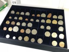 A collector's tray of assorted foreign coins.