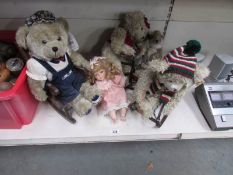 3 teddy bears, a doll, a squirrel, dolls chairs etc..