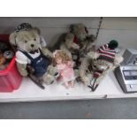 3 teddy bears, a doll, a squirrel, dolls chairs etc..