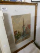 A watercolour of town scene featuring church. (Possibly Dutch scene), unsigned.