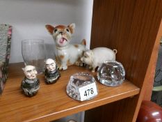 2 glass paperweights, a pig, a dog and 2 Friar figures,.