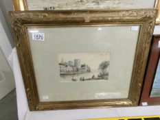 A framed and glazed watercolour of town by river, possibly French scene.