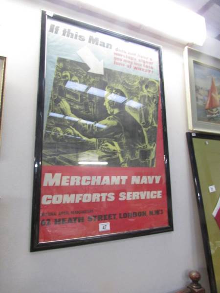 A framed and glazed Merchant Navy poster.