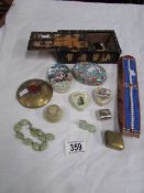 A mixed lot including costume jewellery, trinket box, jade, onyx, tins, porcupine quill box etc.