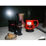 A Sylvac tankard, a Wade pin dish, 2 black cats and a vase.