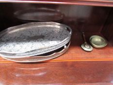 A copper gallery tray, a silver plate gallery tray on claw feet (one foot a/f) and other metal ware.
