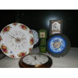 A Royal Albert Old Country roses wall clock and 5 other clocks.