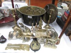 A mixed lot of brass ware including jam pan etc.