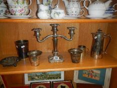 A mixed lot of good silver plated including candelabra, stacking tankards, chocolate pot etc.