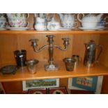 A mixed lot of good silver plated including candelabra, stacking tankards, chocolate pot etc.