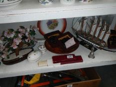 A quantity of collector's plates, a model boat, glass bonsai tree, cutlery etc.