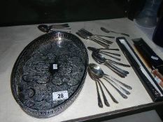 A mixed lot of silver plate including gallery tray, cutlery etc.