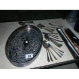 A mixed lot of silver plate including gallery tray, cutlery etc.