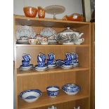 A part oriental tea set, a blue and white tea set, a tureen, carnival glass cake stand etc.
