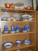 A part oriental tea set, a blue and white tea set, a tureen, carnival glass cake stand etc.