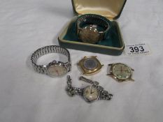 A Services watch, a Timex watch, a Ladies 1930's 'Panto' watch and 2 watch heads.