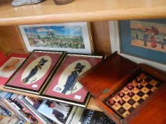 A wooden travelling chest set (1 piece missing) and 6 small prints including military.
