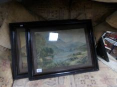 A pair of highland scenes with cattle, one missing glass.