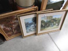 3 scenic framed pictures - one on canvas and 2 prints under glass.