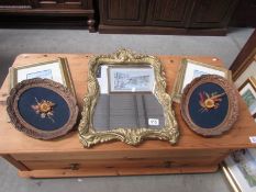 A gilt framed mirror, 2 bird prints and 2 other items.