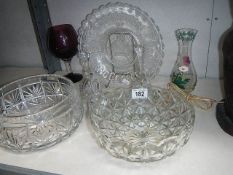 A crystal glass bowl, one other, a George VI glass coronation plate, 3 glass bells etc.