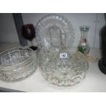 A crystal glass bowl, one other, a George VI glass coronation plate, 3 glass bells etc.