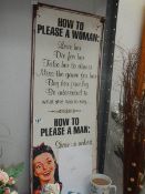 A metal sign 'How to Please a Woman'.