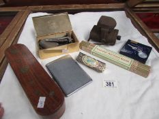 A mixed lot including inlaid gaming box, folding rule, old bicycle lamp etc.