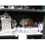 A shelf of miscellaneous including blue and white mugs, plates, lantern etc,,