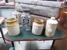 A Lyon's sweet jar, a chemist jar with lid, 2 stoneware jars and a stoneware hot water bottle.