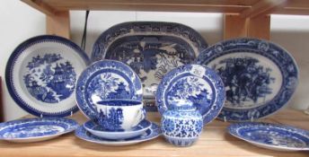 A mixed lot of blue and white including meat platters.