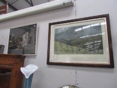 A framed and glazed hunting print and a framed and glazed print of a shire horse towing a barge.