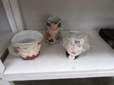 2 Staffordshire fine bone china character jugs and a Toby jug,.