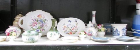 A shelf of assorted china including Aynsley.