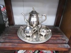 A 3 piece silver plate tea set on tray,