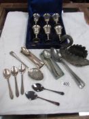 A cased set of 6 white metal goblets, cutlery etc.