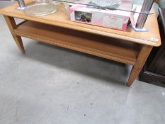 A golden oak coffee table.