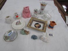 A mixed lot of small china ornaments including Dresden boot.