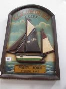 A painted £D wooden sign, Clacton on Sea Merry John Fishing Boat.