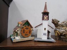 2 hand made jewellery boxes, one a musical chalet and one a lit church,